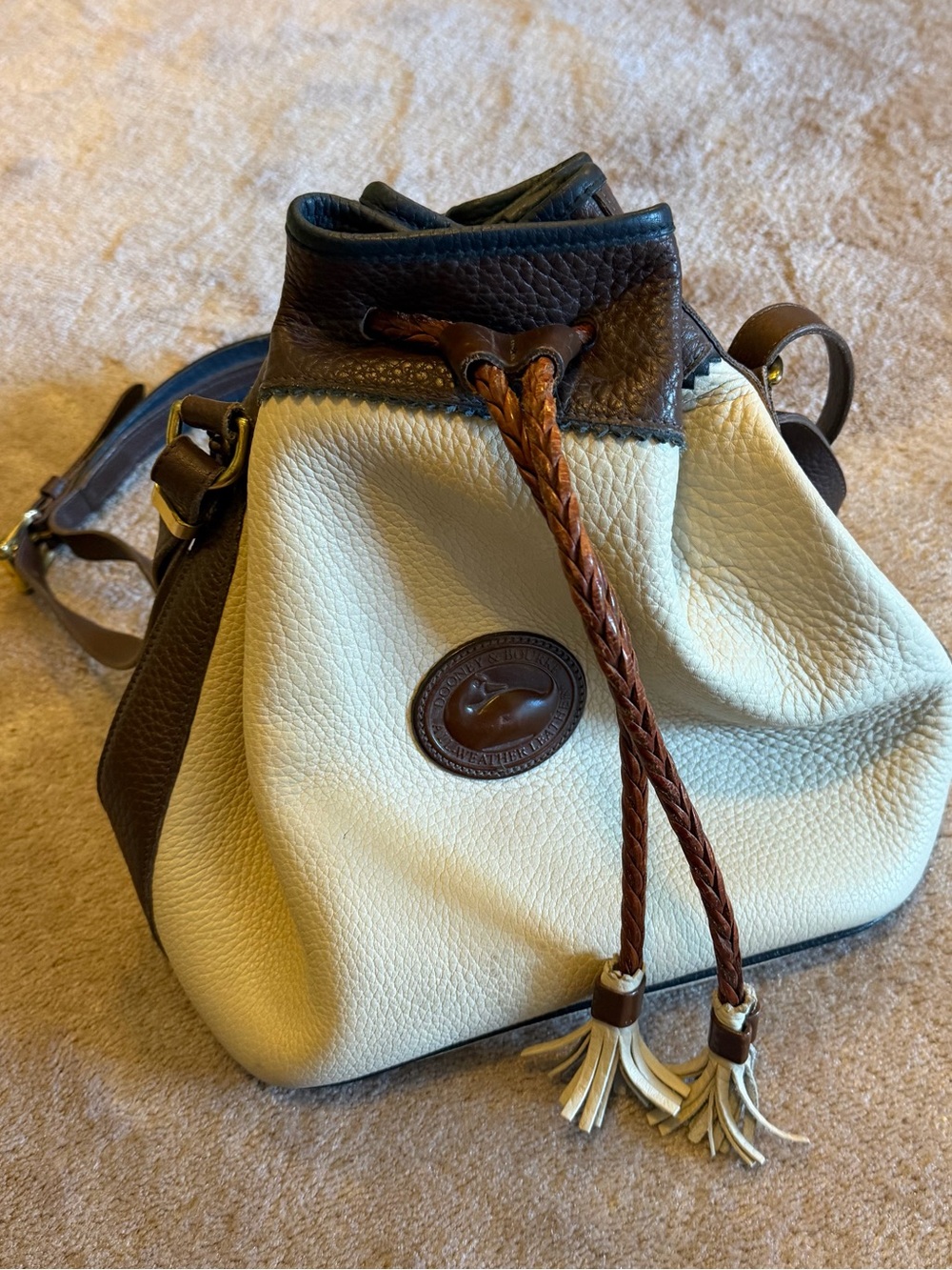 Dooney & Bourke Leather Drawstring Bag - Cream and Brown and Navy